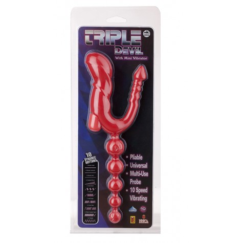 Красный тройной вибростимулятор Triple Devil Butt Plug With Mini Vibe - 28 см.